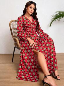 Women's V-Neck Dress, Maple Leaf Print Design, Home Relaxation