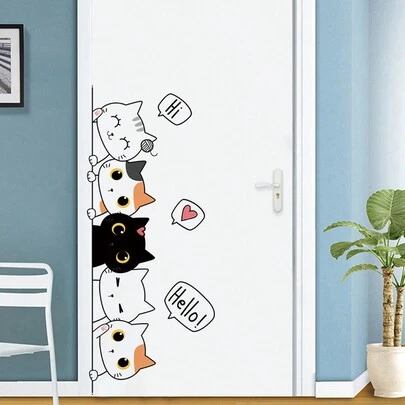 mama look 1 件可爱卡通小猫墙贴门贴花自粘式可移除墙壁艺术壁画适用于客厅、卧室、浴室