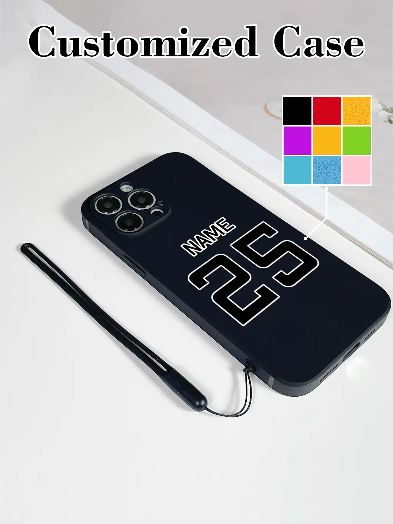 1pc Customizable Black TPU Phone Case With Your Own Printed Image And Date Design, And 1pc Black Silicone Lanyard Strap - Compatible With IPhone, Android, OPPO And Other Smartphones,Customized Phone Cases,Street Casual Chic