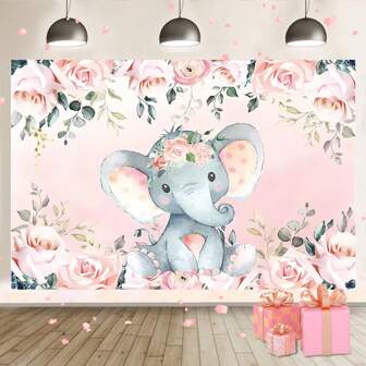 1 Piece Cute Cartoon Elephant Pink Background Birthday Party Background Cloth 82.7 * 59.1/59.1 * 39.4/39.4 * 29.5 Inch Elephant Newborn Baptism Background Pink Flowers Sweet Peanuts On The Road Photography Background Pink Elephant Photo Banner For Party Cake Table Decoration