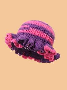 1pc Contrast Color Knitted Large Ruffle Brim Handmade Crochet Beanie (Hat Color Random)