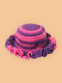 1pc Contrast Color Knitted Large Ruffle Brim Handmade Crochet Beanie (Hat Color Random)