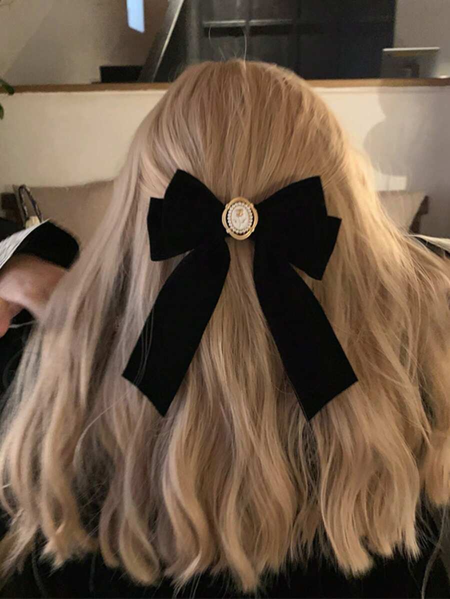 1pc 15cm/5.91in Velvet Black Rose Flower Bow Hair Clip, Fashion Versatile Elegant Accessory Suitable For Daily Wear And Makeup Matching, Head Accessories, Hair Accessories For Women, Claw Clips, Hairpin - Black and White - View 1