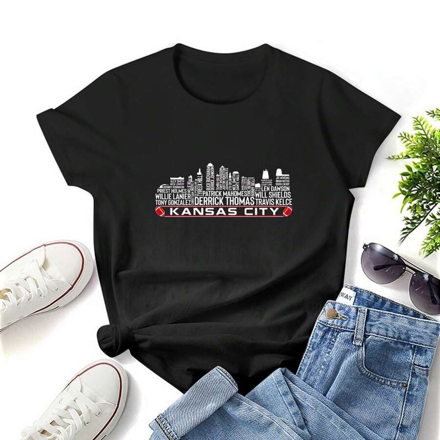 Kansas City Football Kansas City Skyline , Women T-Shirt, Round Neck Short Sleeve Woman Tee, Fashion And Casual, Nice Gift, Comfy And Soft For All-Season Wear