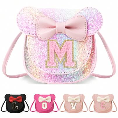 个性化字母印花钱包，可爱真皮儿童钱包，小巧斜挎包，蝴蝶结钱包，女孩生日礼物（闪光款）