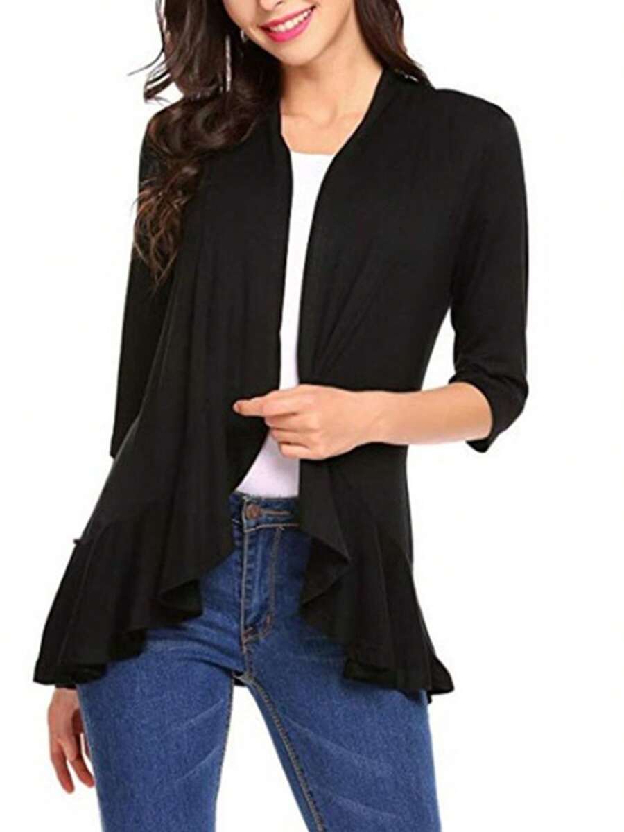 Women Spring Autumn Cardigan Tops, 3/4 Sleeve Casual Solid Color Ruffled Hem Thin Tops Coat - Black - View 1