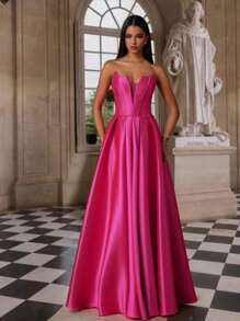 VIPGIRL Váy dài chữ A bằng vải satin màu hồng cánh sen thanh lịch không quai cho nữ, váy dạ hội trang trọng cho vũ hội, tiệc tùng, khách dự tiệc cưới, tốt nghiệp - Màu Hồng Tươi - Xem 1