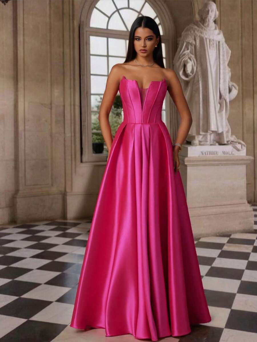 VIPGIRL Váy dài chữ A bằng vải satin màu hồng cánh sen thanh lịch không quai cho nữ, váy dạ hội trang trọng cho vũ hội, tiệc tùng, khách dự tiệc cưới, tốt nghiệp - Màu Hồng Tươi - Xem 1