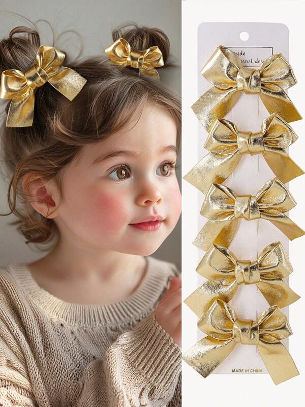6pcs/Set Girls Metallic Gold Reflective Solid Bow Hair Clips, Shiny Leather Alligator Hair Clips, Luxury Quality Gift For Kids