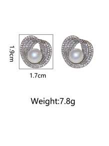 Zirconia Round Pearl Earrings For Women Personality Asymmetric Stud Earring Elegant High Sense Simple Jewelry Wedding Girl Ladies' Daily Party Accessories, Fashionable Jewelry, Best Friend Gifts - Silver - View 11