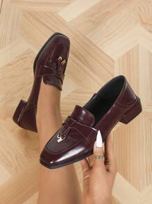 Damen Mode Fransen-Stil Plateau-Absatz Penny Loafers, Damen Metall-Schnallen-Dekor Quadratische Zehen Klassischer Britischer Schul-Stil Slip-On Flats, Damen vielseitige weiche Leder Weiche Sohle Lässig Pendler Arbeit Oxblutleder Schuhe, Damen Fransen-Stil Schwarze Lederschuhe