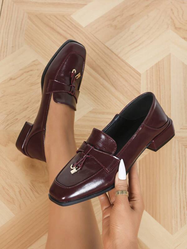Damen Mode Fransen-Stil Plateau-Absatz Penny Loafers, Damen Metall-Schnallen-Dekor Quadratische Zehen Klassischer Britischer Schul-Stil Slip-On Flats, Damen vielseitige weiche Leder Weiche Sohle Lässig Pendler Arbeit Oxblutleder Schuhe, Damen Fransen-Stil Schwarze Lederschuhe