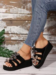 Women's Thick Sole Sandals, Fashionable Lightweight Slides, Comfortable Outdoor Beach Sandals, Rhinestone Triple Strap Sandals