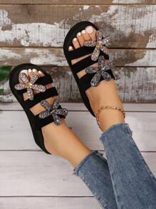 Women's Thick Sole Sandals, Fashionable Lightweight Slides, Comfortable Outdoor Beach Sandals, Rhinestone Triple Strap Sandals