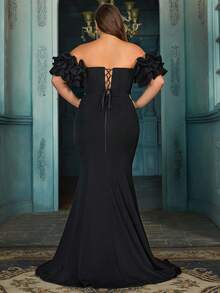 QOQ Vestido elegante de talla grande con escote hombros descubiertos, bordado de cuentas y volantes con bajo de sirena, vestido de gala, vestido de fiesta, vestido de invitada de boda, vestido de noche - Negro - Ver 2