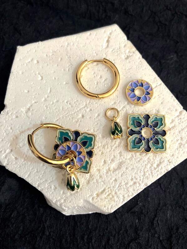 1 Pair Copper Alloy Dual-Purpose Macaron Series Enamel Geometric Hoop Earrings For Women, Fashion Versatile DIY Earrings