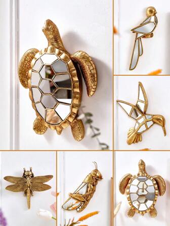1 pieza, Escultura decorativa de pared en forma de tortuga, gorrión, libélula, colibrí, langosta de 8,9*9,6/8,1*10,4 pulgadas, de resina dorada, con varios diseños disponibles, decoración del hogar creativa con marco de resina espejada, adecuada para decoración del hogar, hotel, restaurante y regalos creativos