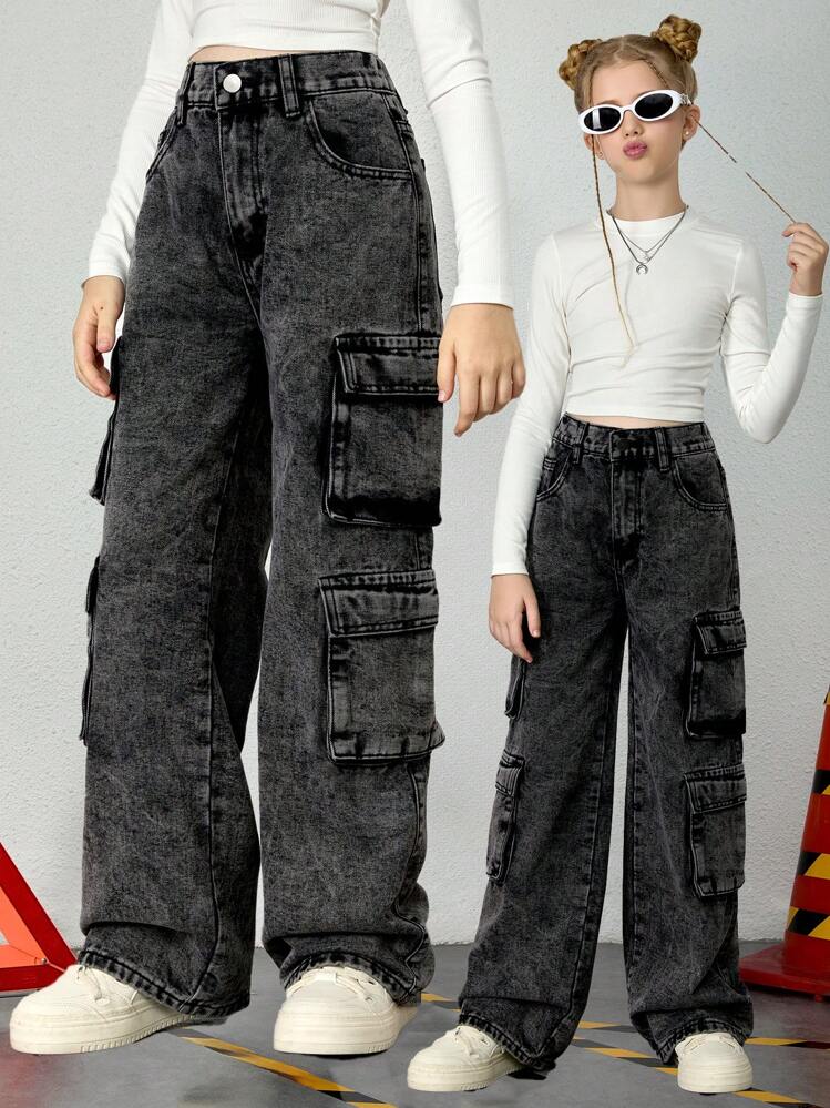 Jeans anchos y rectos con corte relajado y ajuste holgado, estilo vintage streetwear, para niñas y adolescentes, versátil para salidas casuales - Negro - Añade 1