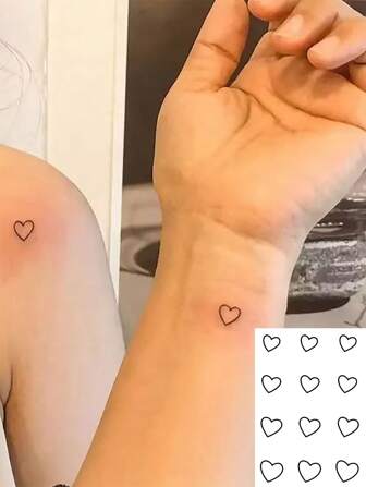 1 pieza Tatuaje temporal impermeable, diseño de corazón dibujado a mano, arte corporal, tatuaje falso, tatuaje con purpurina para dedo, muñeca, tobillo, unisex, a prueba de sudor