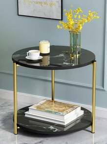 Mesa auxiliar redonda con diseño de mármol, mesa auxiliar moderna y sencilla junto al sofá, soporte de almacenamiento de 2 niveles - Negro - Ver 1