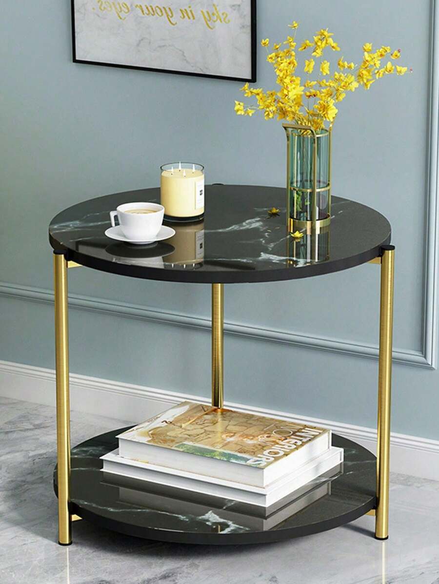 Mesa auxiliar redonda con diseño de mármol, mesa auxiliar moderna y sencilla junto al sofá, soporte de almacenamiento de 2 niveles - Negro - Ver 1