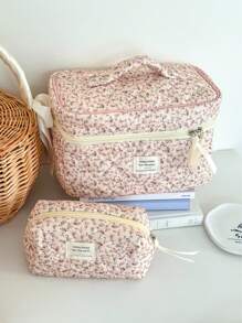Neceser de maquillaje de terciopelo con estampado floral, bolsa con cremallera de tela con estampado floral, organizador de artículos de tocador de estilo campestre lindo para uso diario, hogar o viaje