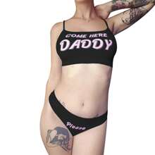 Women's Bikini Swimsuit Come Here Daddy Bathing Suits Push-Up Bra Brief 2 Piece Lingerie Set - 黑色 - 查看 1