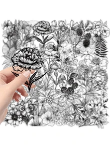 49 piezas de paquetes de pegatinas de plantas en blanco y negro, pegatinas decorativas impermeables y transparentes de PET de material floral de contabilidad manual, para decorar cuadernos, maletas, computadoras, fundas de teléfono, botellas de agua, diarios, patinetas