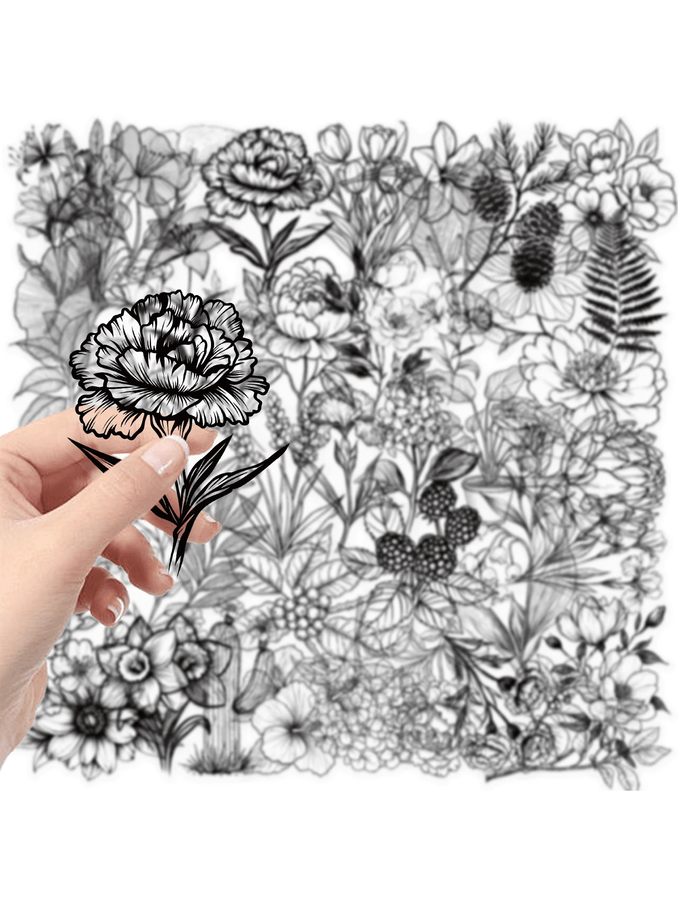 49 piezas de paquetes de pegatinas de plantas en blanco y negro, pegatinas decorativas impermeables y transparentes de PET de material floral de contabilidad manual, para decorar cuadernos, maletas, computadoras, fundas de teléfono, botellas de agua, diarios, patinetas