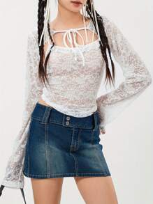 Women Y2k Lace Trim Long Sleeve Top Spaghetti Strap Tank Tops Bolero Shrug 2 Piece Set Trendcy Streetwear - White - View 3