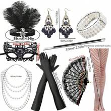 11 件/套 1920 年代女士派对化妆舞蹈头饰耳环羽毛配饰优雅性感高端头带手套手镯烟嘴蕾丝扇子眼罩丝袜单件派对服装套装 - 銀色 - 查看 2