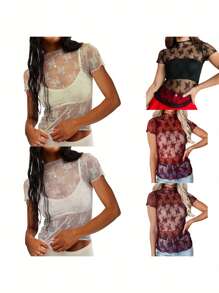 Women's Summer Lace Floral Tops Mesh Sheer Short Sleeve Mock Neck Slim Fit T-Shirt