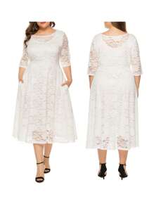 Women's Floral Lace Midi Dress Pockets Half Sleeve Scoop Neck Plus Size Beach Party Evening Flowy Dress - White - View 2