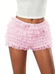 Women's Summer Ruffled Frilly Shorts Multi Layer Mesh Short Pants Sweet Cute Bloomers - Pink - View 2