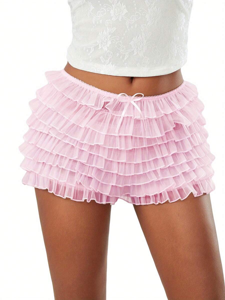 Women's Summer Ruffled Frilly Shorts Multi Layer Mesh Short Pants Sweet Cute Bloomers