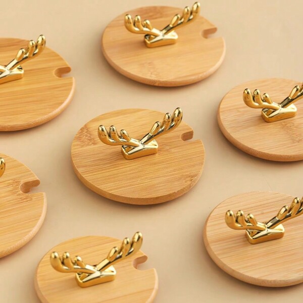 Golden Deer Antler Bamboo & Wood Mug Lid, Popular Breakfast Oatmeal Cup Lid, Large Diameter Mug Lid, Dust-Proof Cup And Bowl Bamboo Wood Lid