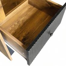 Credenza in legno con 3 scomparti e 2 cassetti, vetrina in vetro con illuminazione LED gialla (180 x 44 x 40 cm)