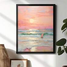 1pc Poster Print, Pink Sunset, Beach, Waves, Sailboat, Bedroom Wall Decor, Abstract Style Watercolor Landscape Art, Home Wall Decoration, Frameless - Multicolor - View 5