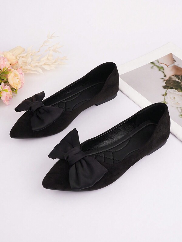 New Style Black Suede Flat Pointy Toe Versatile Soft Bottom Comfort Fashion Bowknot Women Shoes, Suitable For All Seasons Commute, Plus Size