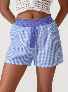 Women's Plaid Shorts Casual Loose Fitting Elastic Waist Short Pants Summer Lounge Shorts - Blue - View 4