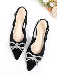 Zapatos de tacón alto de punta fina elegantes para mujer con decoración de cristales, tacones gruesos estables, Top de tela y suela de PU, zapatos formales negros para vestir en verano - Negro - Ver 4
