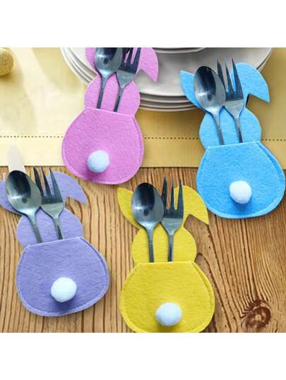 4 Stücke Osterhasen Filz Besteckhalter Tasche, Fröhliche Ostern Dekorationen für Zuhause Tischzubehör, Hase Besteckbezug Tasche Tisch