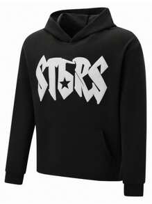 Mens Punk Hoodie Loose Letter Number Print Long Sleeve Hooded Sweatshirt With Front Pocket Vintage Streetwear