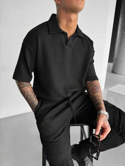 Men's Textured Polo Shirt & Pants Set, Cozy Outfits