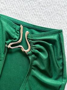 getzwa 女士新款纯绿色 3 件套比基尼套装，包括不对称金属装饰裙，性感优雅夏季海滩度假比基尼套装