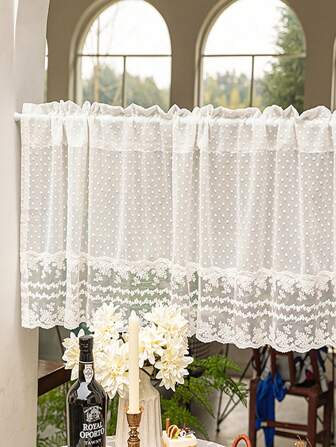 1枚、韓国スタイル ホワイト水玉プリント チュール ステッチレース 短めのバランスカーテン キッチンの小さな窓用ビンテージファームハウスシアーボイル