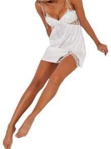 Women Sling Dress, Spaghetti Straps Backless Lacing Flower Patchwork Slit Summer Mini Dress - White - View 2