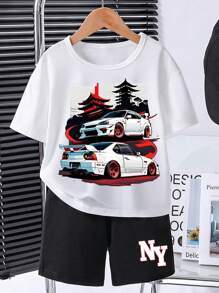青少年男孩汽车图案印花圆领短袖 T 恤和短裤套装