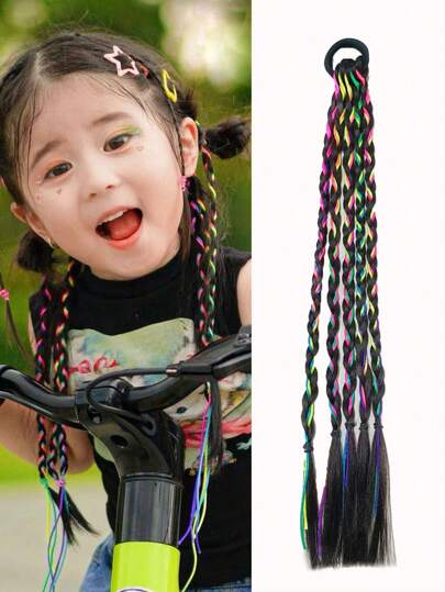 1pc 16/12 Inch Girls Colorful Fashion Synthetic Braided Hair Extensions, Kids Ponytail Extension, Colored Hair Strands, Boxer Braid Hair Piece With Elastic Band, Suitable For Women, Girls & Children As Daily & Party Decoration (Pink, Blue, Colorful)
