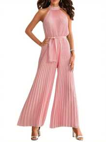 Womens One-Piece Suit Solid Color Sleeveless Back Keyhole Waist Bandage Pleated Wide-Leg Jumpsuit - Pink - View 1